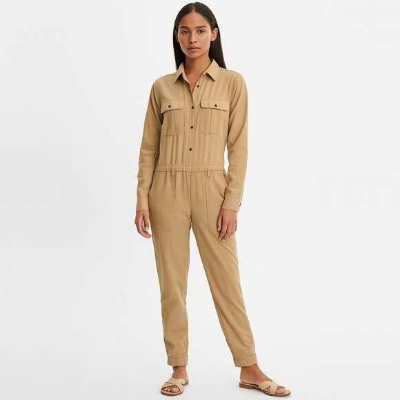 SALE Ralph Lauren Tan Long-Sleeve Jumpsuit - Picture 1 of 6